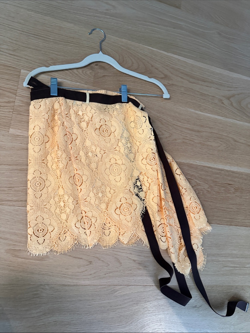 The Attico Peach Lace Asymmetrical Wrap Skirt with Brown Tie